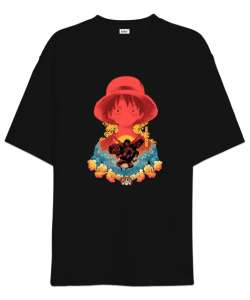 One Piece Monkey D. Luffy Anime Tasarım Baskılı Siyah Oversize Unisex Tişört