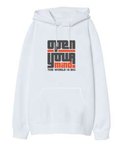 Open Your Mind - Zihnini Aç Dünya Büyük Beyaz Oversize Unisex Kapüşonlu Sweatshirt