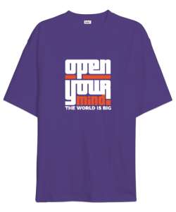 Open Your Mind - Zihnini Aç Dünya Büyük Mor Oversize Unisex Tişört