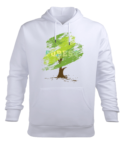 Orman Tasarım Beyaz Erkek Kapüşonlu Hoodie Sweatshirt