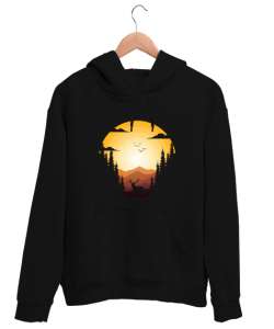 Ormanda Gün Batımı ve Geyik Siyah Unisex Kapşonlu Sweatshirt