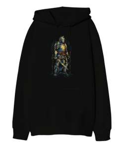 Ortaçağ Şövalyesi ve Zırhı Medieval Knight Armor Siyah Oversize Unisex Kapüşonlu Sweatshirt