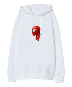 Örümcek Adam Görselli Beyaz Oversize Unisex Kapüşonlu Sweatshirt