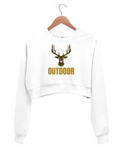 Outdoor Geyik Kampçı ve Doğa sporcuları özel tasarım Beyaz Kadın Crop Sweatshirt