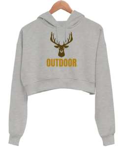 Outdoor Geyik Kampçı ve Doğa sporcuları özel tasarım Gri Kadın Crop Hoodie Kapüşonlu Sweatshirt