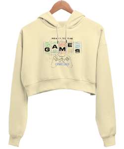 Oyun, Oyuncu - Games, Gamer Krem Kadın Crop Hoodie Kapüşonlu Sweatshirt