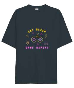 Oyun Yemek Uyku Tekrar Game Eat Sleep Repeat Neon Oyuncu Özel Tasarım Füme Oversize Unisex Tişört