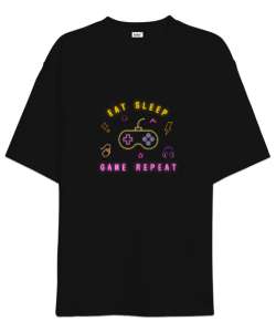 Oyun Yemek Uyku Tekrar Game Eat Sleep Repeat Neon Oyuncu Özel Tasarım Siyah Oversize Unisex Tişört