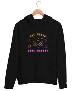 Oyun Yemek Uyku Tekrar Game Eat Sleep Repeat Neon Oyuncu Özel Tasarım Siyah Unisex Kapşonlu Sweatshirt