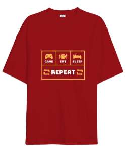 Oyun Yemek Uyku Tekrar Game Eat Sleep Repeat Oyuncu Özel Tasarım Kırmızı Oversize Unisex Tişört