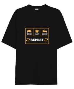 Oyun Yemek Uyku Tekrar Game Eat Sleep Repeat Oyuncu Özel Tasarım Siyah Oversize Unisex Tişört