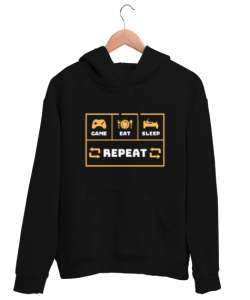 Oyun Yemek Uyku Tekrar Game Eat Sleep Repeat Oyuncu Özel Tasarım Siyah Unisex Kapşonlu Sweatshirt