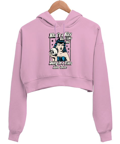 Tisho - Oyuncu Kız - Vintage Poster Pembe Kadın Crop Hoodie Kapüşonlu Sweatshirt