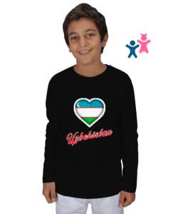 Özbekistan,Ozbekiston,uzbekistan,Özbekistan Bayrağı,Özbekistan logosu. Siyah Çocuk Unisex Uzunkollu