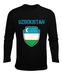 Özbekistan,Ozbekiston,uzbekistan,Özbekistan Bayrağı,Özbekistan logosu. Siyah Erkek Uzun Kol Yazlık Tişört