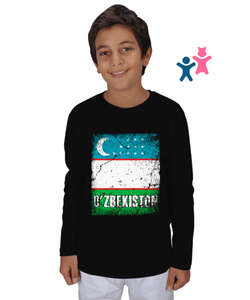 Özbekistan,Ozbekiston,uzbekistan,Özbekistan Bayrağı,Özbekistan logosu,uzbekistan flag. Siyah Çocuk Unisex Uzunkollu