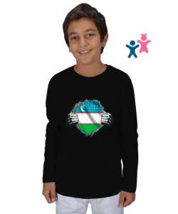 Özbekistan,Ozbekiston,uzbekistan,Özbekistan Bayrağı,Özbekistan logosu,uzbekistan flag. Siyah Çocuk Unisex Uzunkollu