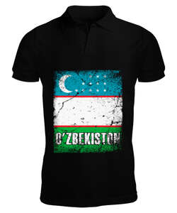 Özbekistan,Ozbekiston,uzbekistan,Özbekistan Bayrağı,Özbekistan logosu,uzbekistan flag. Siyah Erkek Kısa Kol Polo Yaka