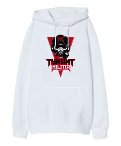 Özel Asker Militia Beyaz Oversize Unisex Kapüşonlu Sweatshirt