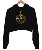 Özel Tasarım Bozkurt Siyah Kadın Crop Hoodie Kapüşonlu Sweatshirt - Thumbnail