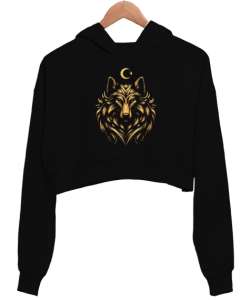 Özel Tasarım Bozkurt Siyah Kadın Crop Hoodie Kapüşonlu Sweatshirt