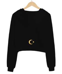 Özel Tasarım Bozkurt Siyah Kadın Crop Hoodie Kapüşonlu Sweatshirt