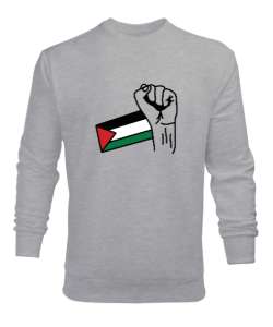 Özgür Filistin Filistin Direnişi Gazze Yumruklu Bayrak Tasarımı Gri Erkek Sweatshirt