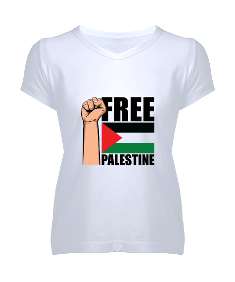 Tisho - ÖZGÜR FİLİSTİN FREE PALESTINE GAZZE GAZA BAYRAK Beyaz Kadın V Yaka Tişört