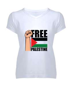 ÖZGÜR FİLİSTİN FREE PALESTINE GAZZE GAZA BAYRAK Beyaz Kadın V Yaka Tişört