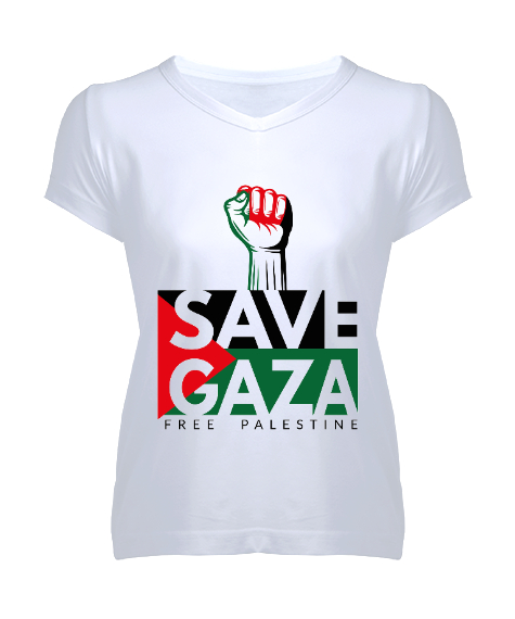 Tisho - ÖZGÜR FİLİSTİN FREE PALESTINE GAZZE GAZA BAYRAK Beyaz Kadın V Yaka Tişört