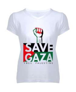 ÖZGÜR FİLİSTİN FREE PALESTINE GAZZE GAZA BAYRAK Beyaz Kadın V Yaka Tişört