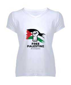 ÖZGÜR FİLİSTİN FREE PALESTINE GAZZE GAZA BAYRAK Beyaz Kadın V Yaka Tişört