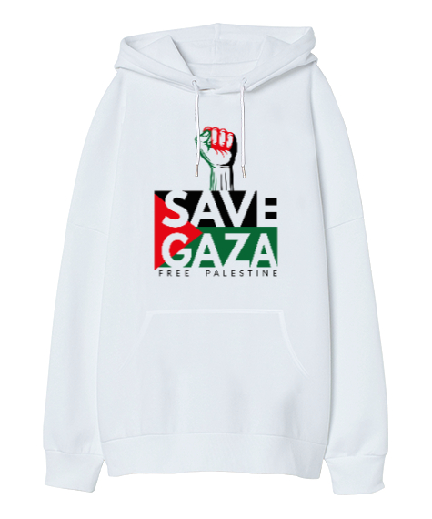 Tisho - ÖZGÜR FİLİSTİN FREE PALESTINE GAZZE GAZA BAYRAK Beyaz Oversize Unisex Kapüşonlu Sweatshirt