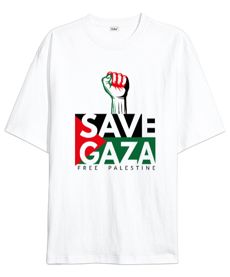 Tisho - ÖZGÜR FİLİSTİN FREE PALESTINE GAZZE GAZA BAYRAK Beyaz Oversize Unisex Tişört