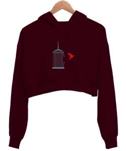 Özgürlüğe Uçan Kuş - Kafes - Freedom Bordo Kadın Crop Hoodie Kapüşonlu Sweatshirt