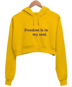 Özgürlük Sarı Kadın Crop Hoodie Kapüşonlu Sweatshirt