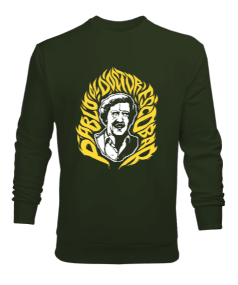 Pablo Escobar Tasarım Baskılı Haki Yeşili Erkek Sweatshirt