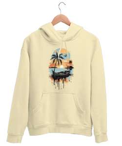 Palmiyeler ve Deniz Krem Unisex Kapşonlu Sweatshirt