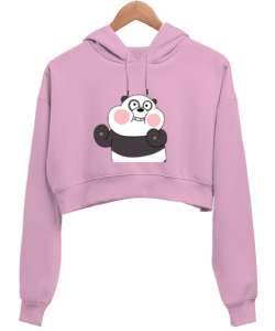 Panda ayıcıklı Pembe Kadın Crop Hoodie Kapüşonlu Sweatshirt