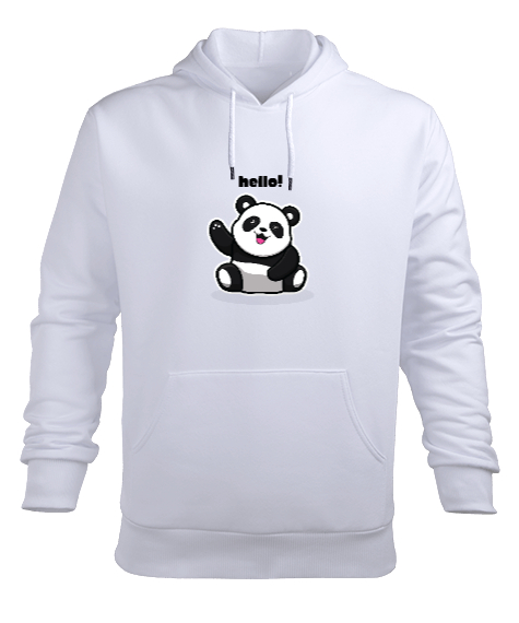 Panda Baskılı Beyaz Erkek Kapüşonlu Hoodie Sweatshirt