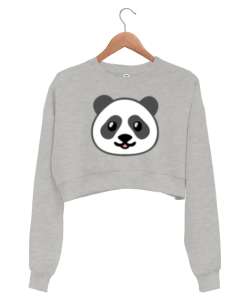 Panda baskılı gri Gri Kadın Crop Sweatshirt