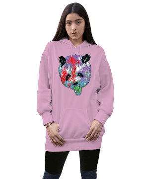 panda baskılı Kadın Uzun Hoodie Kapüşonlu Sweatshirt