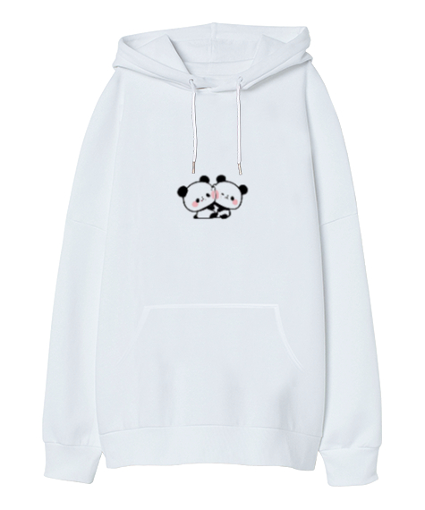 Tisho - Panda baskısı Beyaz Oversize Unisex Kapüşonlu Sweatshirt