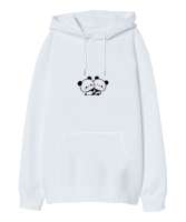 Panda baskısı Beyaz Oversize Unisex Kapüşonlu Sweatshirt - Thumbnail