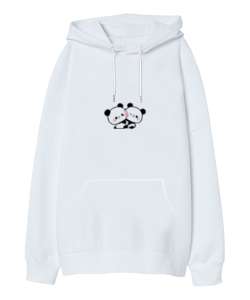 Panda baskısı Beyaz Oversize Unisex Kapüşonlu Sweatshirt