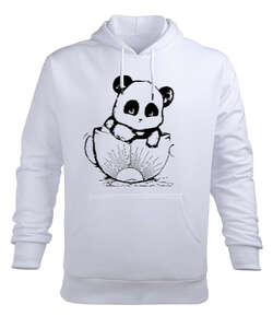 Panda Beyaz Erkek Kapüşonlu Hoodie Sweatshirt