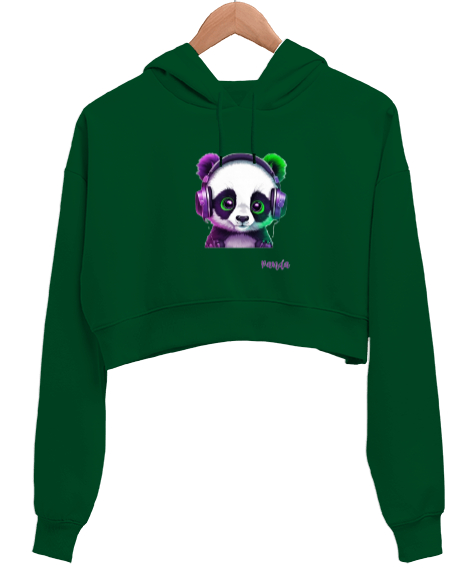 Panda Çimen Yeşili Kadın Crop Hoodie Kapüşonlu Sweatshirt - Tisho