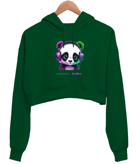 Panda Çimen Yeşili Kadın Crop Hoodie Kapüşonlu Sweatshirt - Tisho