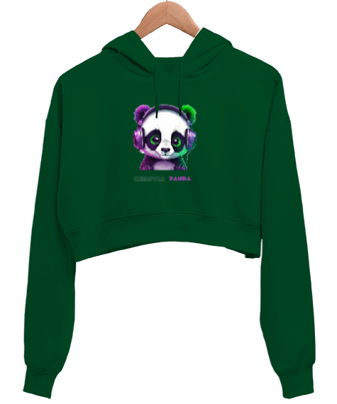 Tisho - Panda Çimen Yeşili Kadın Crop Hoodie Kapüşonlu Sweatshirt