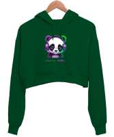 Panda Çimen Yeşili Kadın Crop Hoodie Kapüşonlu Sweatshirt - Thumbnail